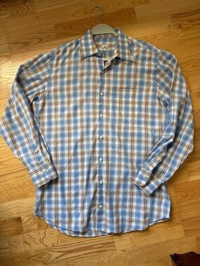 Peter Millar Shirt Men Medium Plaid Blue Brown 100% Cotton Button Down Dress